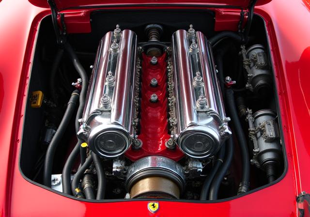 Vano motore perfettamente pulito di una Ferrari Dino 246 GT, con carburatori cromati